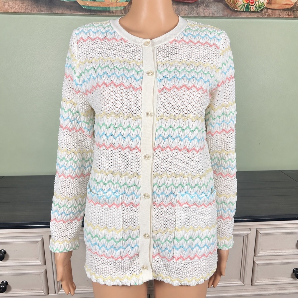 Monarch Knits Cardigan Vintage Pastel Striped Open Knit Sweater Button Front